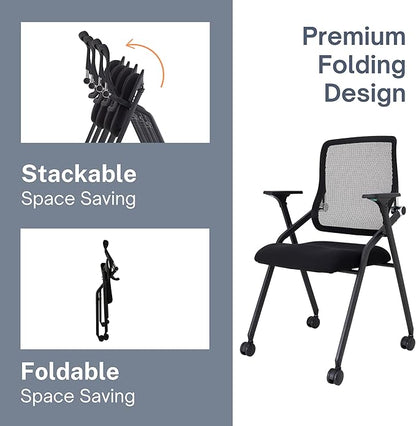 Updated Conference Room Chairs, Folding Office Desk Chair with Lumbar Support and Sliding Armrest with Casters, Stackable Office Guest Chairs & Reception Chairs, 6 Pack Black