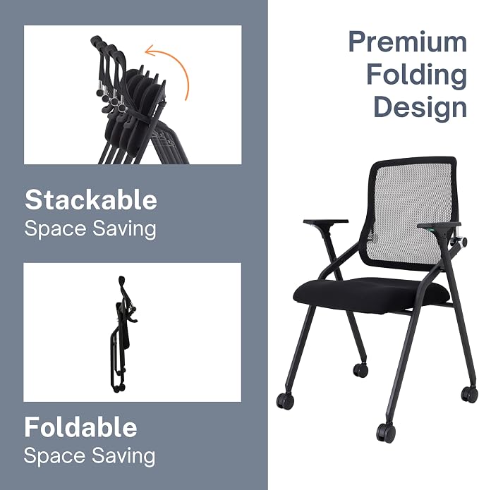 Updated Conference Room Chairs, Folding Office Desk Chair with Lumbar Support and Sliding Armrest with Casters, Stackable Office Guest Chairs & Reception Chairs, 1 Pack Black
