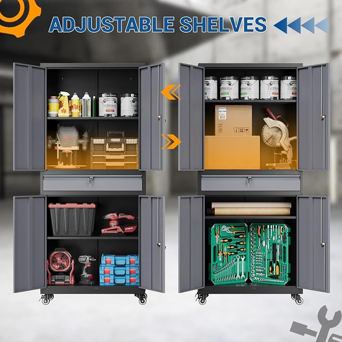 Fesbos 73" Metal Cabinet-Black&Gray Heavy Duty Rolling Storage Cabinet Steel Tool Cabinets with Wheels, Shelves, Lockable Doors and Drawers- for Garage, Pantry, Warehouse - Assembly Required