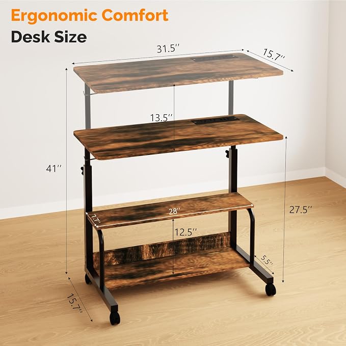 VINGLI 31.5" Mobile Small Standing Desk, Adjustable Height Mobile Computer Desk, w/2 AC Outlets + 3 USB Ports & Hooks, Storage Shelves, Suitable for Gaming, Studying, Home Office, Vintage Brown