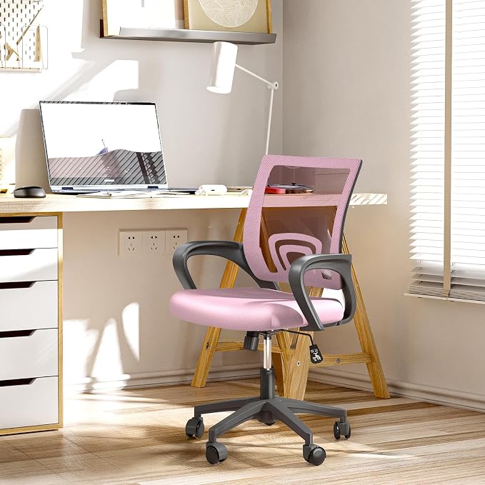 Office Chair, Ergonomic Mid-Back Mesh Desk Chair, 6 Pack, Pink | Lumbar Support, Adjustable Height, Rolling Wheels Design, Comfy Armrest, For Work, Study, Gaming
