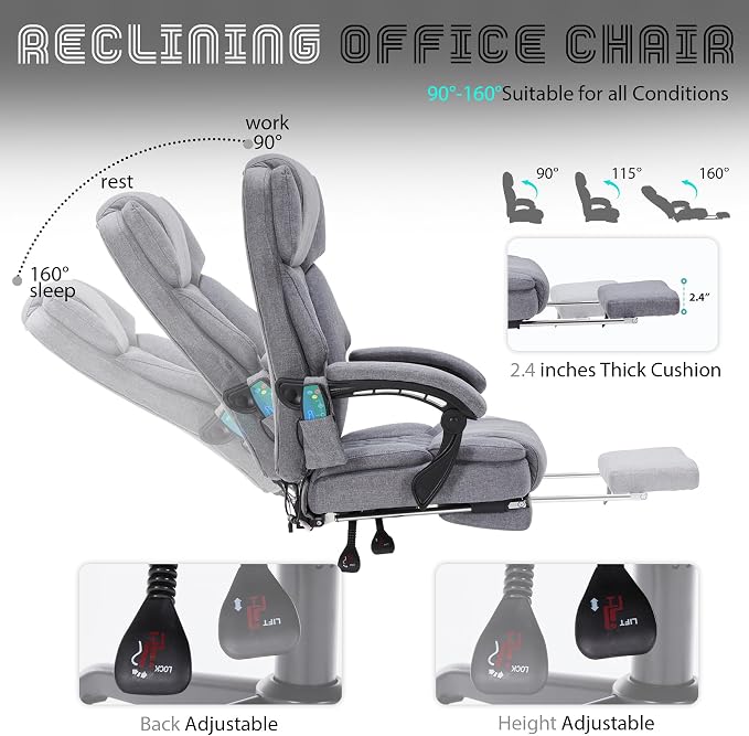 Massage Office Chair with Foot Rest 6 Points Vibration and Heat Home Office Desk Chairs for Heavy People 400lbs Reclining Managerial Chairs Ergonomic Executive Chair (Grey)