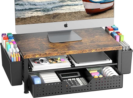 Monitor Riser, Laptop Stand for Desk, Office Desk Organizer and Accessories, Computer Monitor Stand, Desktop Shelf with Drawer and Pen Holder, Printer Stand for Home, Office, Dorm (Brown)
