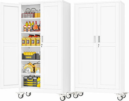 PAOFIN Metal Garage Storage Cabinet with Wheels,Steel Lockable File Cabinets with 2 Doors and 5 Adjustable Shelves,74" H Locking Tool Cabinets for Home Office, Warehouse, Required Assembly,White