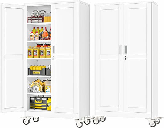 PAOFIN Metal Garage Storage Cabinet with Wheels,Steel Lockable File Cabinets with 2 Doors and 5 Adjustable Shelves,74" H Locking Tool Cabinets for Home Office, Warehouse, Required Assembly,White