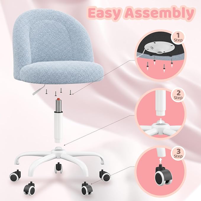DurayLoly Cute Vanity Chair with Wheels, Ultra-Soft Teddy Fleece Swivel Desk Chair with Adjustable Height for Teens & Adults, Ideal for Bedroom, Vanity Table & Dorm, Poetic Blue