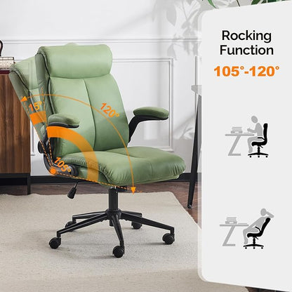 VINGLI Rolling Ergonomic Office Desk Chair with Padded Flip-up Arms, 360° Swivel High Back Executive Computer Task Chair with Wheels for Game,Home Small Space, Study Room, Reading Room,Pu Green