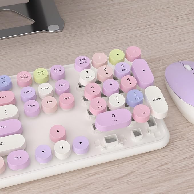 UBOTIE Colorful Wireless Keyboard and Mouse Combos, Retro Typewriter Floating Flexible Full-Sized Keys Computer Keyboard with Optical Mouse, 2.4GHz USB-A Connection for Windows Mac (White-Colorful)