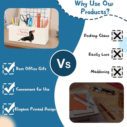 Funny Dachshund Pen Pencil Holder Organizer for Desk Accessories,Dachshund Lover Gifts for Women Girls Wooden Pen Pencil Holder for Office Desk Accessories