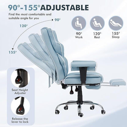 HOMREST 6-Point Massage Executive Chair,Heat Office Chair,Ergonomic Home Office Desk Chairs with Retractable Footrest and Reclining Function,Leather Computer Chair with Adjustable Armrest(‌Airy Blue)