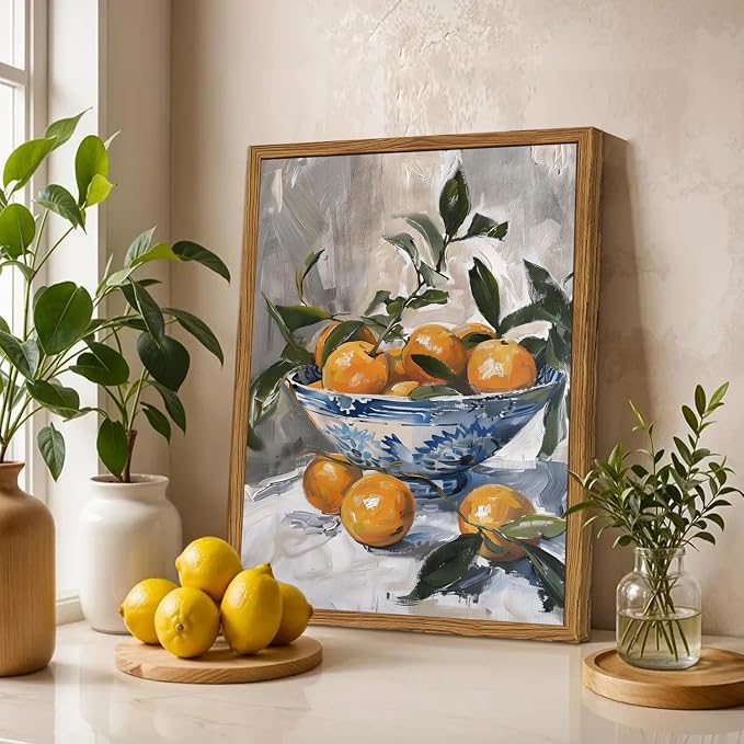 Framed Vintage Oranges Canvas Wall Art, Rustic Kitchen Pictures Wall Decor, Cottagecore Farmhouse Fruit Still Life Paintings Prints Antique Home Decor for Living Room Dining Room 16x24 inch
