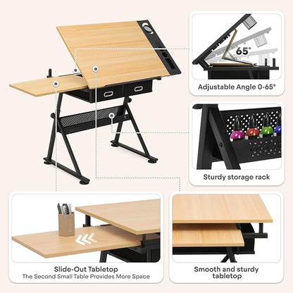 Athena Collection Drafting Table for Artists, Height Adjustable Drawing Table, Dual Desktop Art Desk Metal Frame Art Table Tiltable Craft Desk Paintings Work Station with Stool and Drawers, Natural