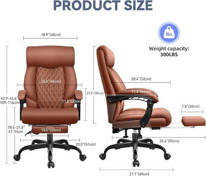 Office Chair, Big and Tall Office Desk Chair, Reclining Office Chair with Footrest Home Office Desk Chairs, High Back Ergonomic with Lumbar Support, Executive Leather