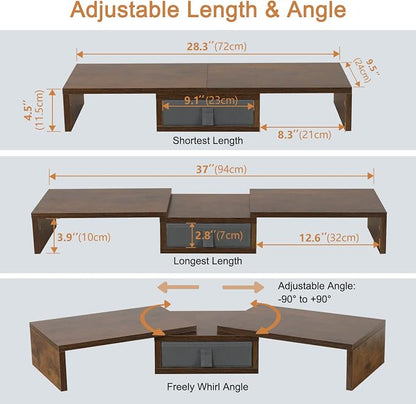 TEAMIX 3 Shelf Monitor Stand Riser With Drawer - Length and Angle Adjustable Dual Riser With Storage Corner Desk Shelf Organizer Large Computer Stand for 2 Monitors/Laptop (Brown, 1 Drawer)