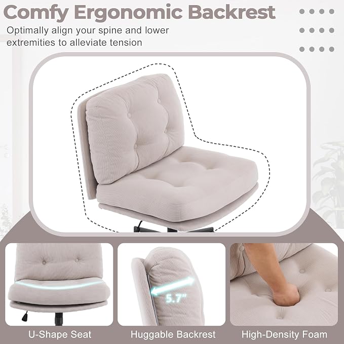 VINGLI Criss Cross Cloud Seat,Comfy Corduroy Cross Legged Office Desk Chair with/no Wheels,Cute Vanity Stool, Adjustable Wide Seat,Modern Swivel Perch for Study, Make Up, Home Office，Light Khaki