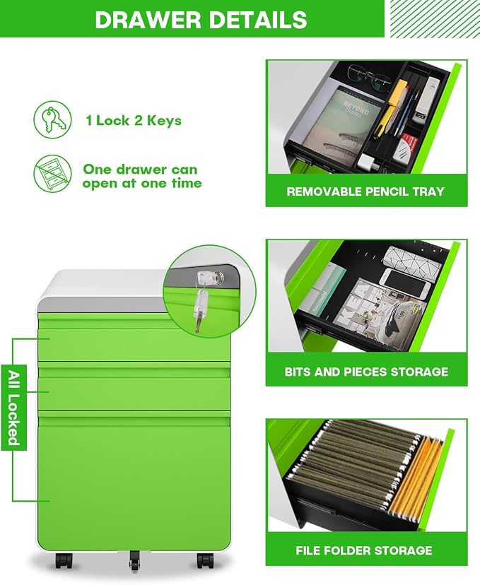 Dripex 3 Drawer Green File Cabinet, Mobile Under Desk Storage File Cabinet with Lock on Wheels, Letter/Legal Size, Fully Assembled, Small Short Vertical Metal Rolling Filing Cabinets for Home Office