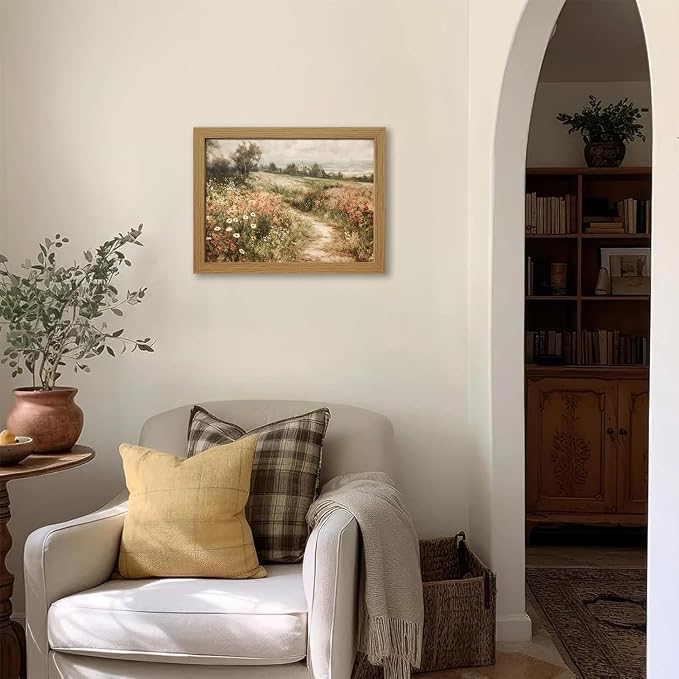CXQILVER Framed Vintage Cottagecore Landscape Wall Art, Wildflower Meadow Path Canvas Wall Decor Rustic Farmhouse Floral Nature Artwork for Living Room Bedroom Bathroom Home Decor 12x16 inch Framed