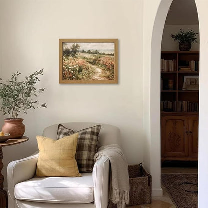 CXQILVER Framed Vintage Cottagecore Landscape Wall Art, Wildflower Meadow Path Canvas Wall Decor Rustic Farmhouse Floral Nature Artwork for Living Room Bedroom Bathroom Home Decor 12x16 inch Framed