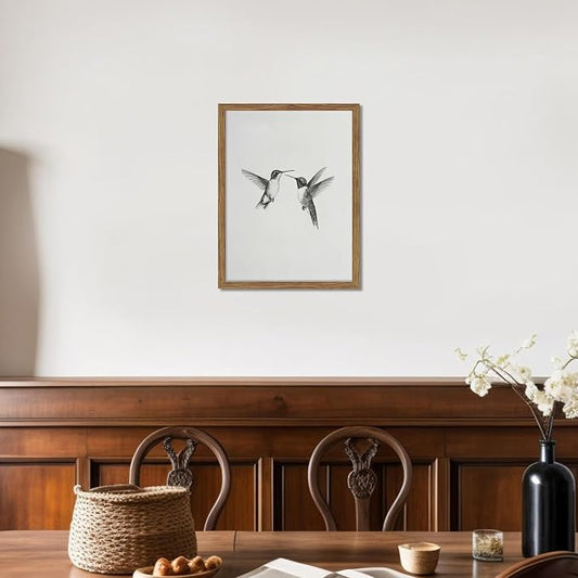 Vintage Wall Art Framed Hummingbird Canvas Print, Modern Farmhouse Birds Wall Decor, Living Room Sketch Painting Picture, Minimalist Black and White Bird Bedroom Decor – 8x10 inch