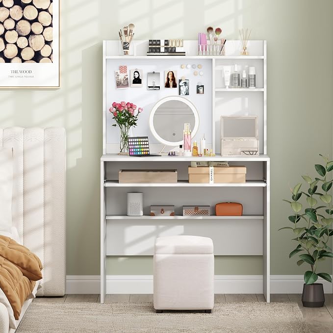 Giantex White Desk with Hutch, Small Computer Workstation with Bookshelf, Magnetic Whiteboard, PC Laptop Desk with Keyboard Tray & Cable Hole, Writing Desk for Small Spaces, Bedroom, Home Office