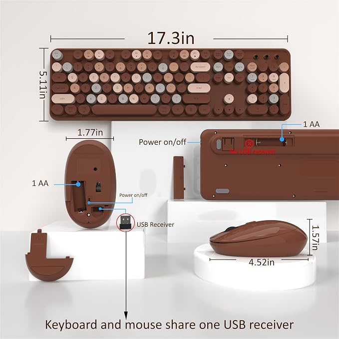 Links9+ Wireless Keyboard and Mouse, Full-Size Retro Typewriter Keyboard with Round Keycaps, 2.4GHz for Windows, Mac, Laptop, PC, Desktop (Coffee Colorful)