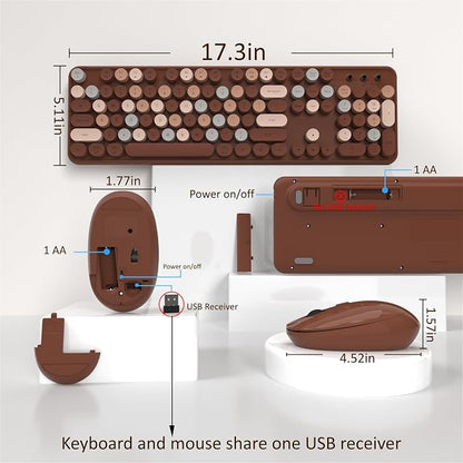 Links9+ Wireless Keyboard and Mouse, Full-Size Retro Typewriter Keyboard with Round Keycaps, 2.4GHz for Windows, Mac, Laptop, PC, Desktop (Coffee Colorful)