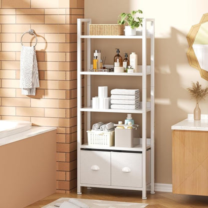 Furologee 5 Tier Bookshelf with Drawers, White Tall Bookcase with Shelves, Wood and Metal Bookshelves Storage Organizer, Modern Display Free Standing Shelf Unit for Bedroom, Living Room, Office