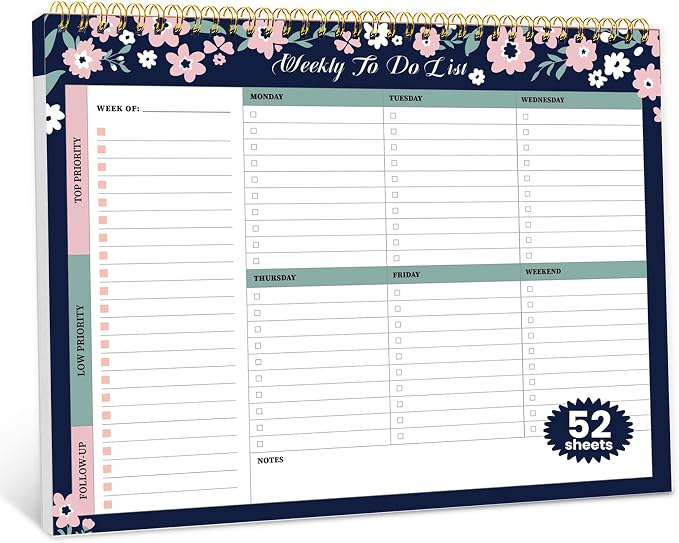 Weekly To Do List Notepad with 52 Undated Sheets（8.5"×11"）- Undated Weekly Planner Notepad for Office Desk Accessories and Supplies - Navy Blossom