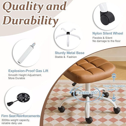 VINGLI Compact Small Desk Chair, Cute Armless Chair with Wheels, Vanity Chair with Low Back, Height Adjustable Task Chair for Small Spaces, Office, Bedroom, Make Up Room, PU Leather, Brown
