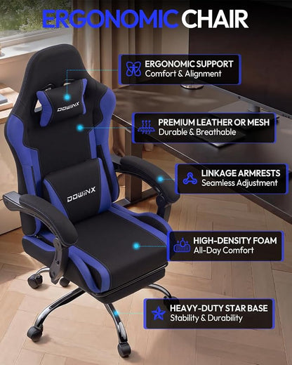 Dowinx Ergonomic Gaming Chair with Footrest & Massage Lumbar, 2D-Linkage Armrests for Computer Chair 330lbs with Headrest Pillow for Office, Home, Streaming and Long Gaming Sessions, Fabric Dark Blue