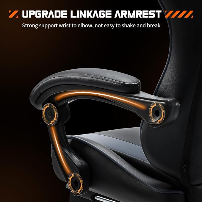 NEWBULIG Computer Gaming Desk Chair - High Back Ergonomic Lumbar Support with Footrest and Headrest, Comfy PU Leather Recliner with Linkage Armrest, Height Adjustable and 360° Swivel, Grey