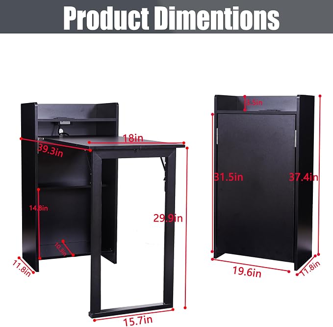 Foldable Desk,Hidden Desk with Storage and Built-in Socket,Mid Century Fold Out Table for Small Spaces,Home Office and Bedroom (Black)