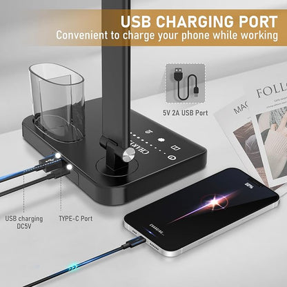 Dimmable LED Desk Lamp with USB Charging Port, 50 Lighting Modes Dual Swing Arm Architect Table Lamp Light Desk Lamp for Home Office Dorm Piano Nail