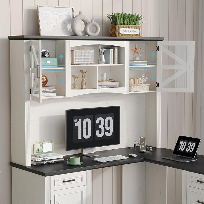 ONBRILL 72" L-Shaped Executive Desk with Hutch, Farmhouse L-Shaped Computer Desk with 4 Drawers, File Drawer and Power Outlet, Home Office Computer Desk for Living Room,Study Room (Off White& Black)