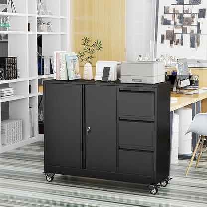 pozdeg Lockable Lateral File Cabinet with Gooseneck Handle, 3 Drawer Mobile Rolling File Cabinet with Wheels, Anti-Rust Sturdy Steel Cabinet for Home Office Workspace Organization (Black)