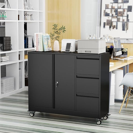 pozdeg Lockable Lateral File Cabinet with Gooseneck Handle, 3 Drawer Mobile Rolling File Cabinet with Wheels, Anti-Rust Sturdy Steel Cabinet for Home Office Workspace Organization (Black)