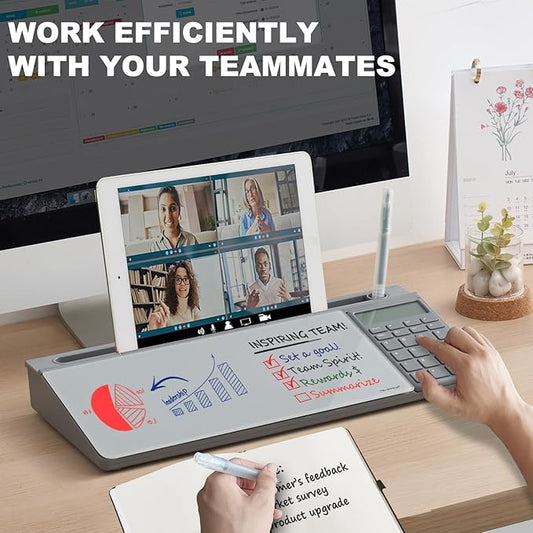 Small Glass Desktop Whiteboard Dry-Erase-Board - Computer Keyboard Stand with Calculator White Board Surface Pad with Drawer, Desk Organizers with Accessories for Office, Home, School Supplies - Grey