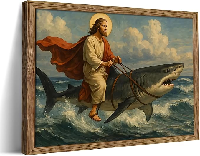 Framed Jesus Riding a Shark Wall Art, Humorous Christian Canvas Print, Fun Jesus Oil Painting, Religious Comedy Wall Decor, Christian Home Decor Gift for Living Room Bedroom Bathroom 12x16 inch