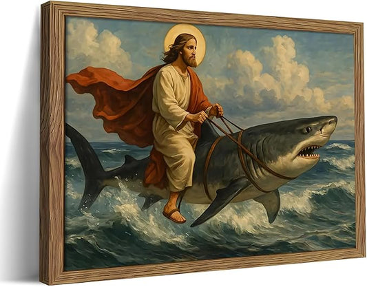 Framed Jesus Riding a Shark Wall Art, Humorous Christian Canvas Print, Fun Jesus Oil Painting, Religious Comedy Wall Decor, Christian Home Decor Gift for Living Room Bedroom Bathroom 12x16 inch