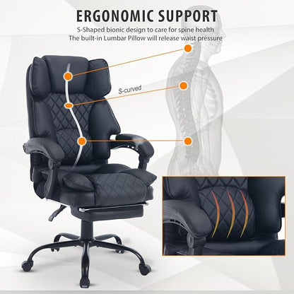 Big Tall Reclining Executive Office Chair with Footrest, 400lbs Ergonomic Recliner Desk Chairs with Lumbar Support, Heavy Duty High Back Lower Back Support Computer Chair with Wheels, Black