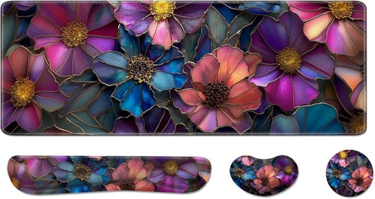 Desk Pad and Keyboard Wrist Rest, Large Mouse Pad + Keyboard Pad+Mouse Wrist Support, Non-Slip Desk Mat Protector for Office, Home 31.5×11.8 Inches Glass Flower