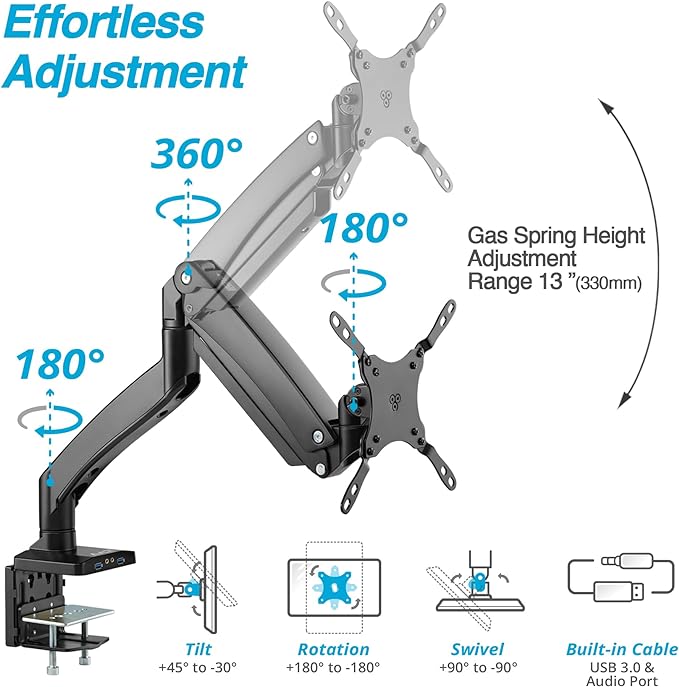 AVLT Single 17"-49" Super Ultrawide Monitor Arm Desk Mount for Screens up to 50 lbs, Premium Aluminum Stand, Adjustable Pneumatic Height, Full Motion Swivel Tilt Rotation, USB 3.0 & AUX Ports, Black