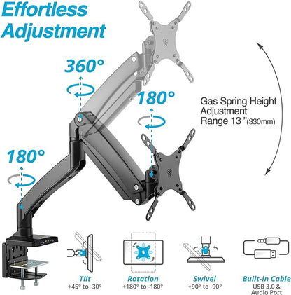 AVLT Single 17"-49" Super Ultrawide Monitor Arm Desk Mount for Screens up to 50 lbs, Premium Aluminum Stand, Adjustable Pneumatic Height, Full Motion Swivel Tilt Rotation, USB 3.0 & AUX Ports, Black