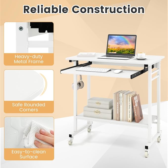 Giantex Rolling Computer Desk, Mobile Portable Desk with Keyboard Tray & Wheels, Laptop PC Table Cart with Shelf & Hooks, Industrial Small Desk for Small Spaces, Home Office, Bedroom, White
