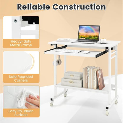 Giantex Rolling Computer Desk, Mobile Portable Desk with Keyboard Tray & Wheels, Laptop PC Table Cart with Shelf & Hooks, Industrial Small Desk for Small Spaces, Home Office, Bedroom, White