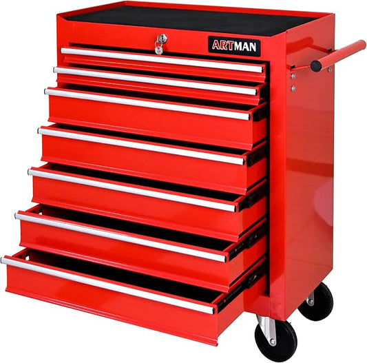RYH 7 Drawers Rolling Tool Chest & Tool Box on Wheels | Heavy Duty Metal Cart with Ball Bearing Drawers | Fits US General Tool Box for Garage Storage (Red, 7 Drawers（29.6" H × 24.4" W × 13" D)