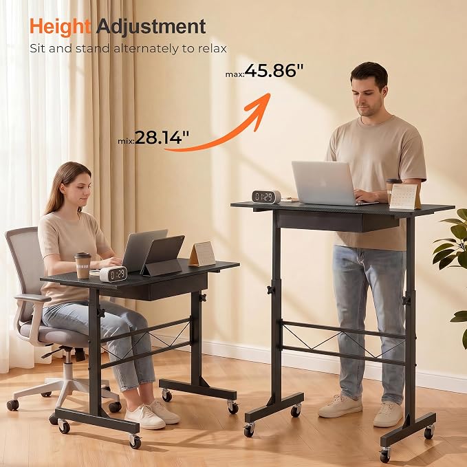 COMHOMA Small Standing Desk with Storage Drawer, Mobile Height Adjustable Rolling Sit Stand Desk with Lockable Wheels 4‑Level Portable Laptop Desk for Small Space Home Office Treadmill Workstation