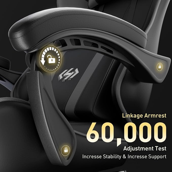 HLDIRECT Gaming Chair, Ergonomic Computer Office Chair with Lumbar Support Footrest Headrest, Adjustable Height & Backrest Angle Video Gamer Chair, PU Leather, 360° Swivel, Adult (Black&Grey)