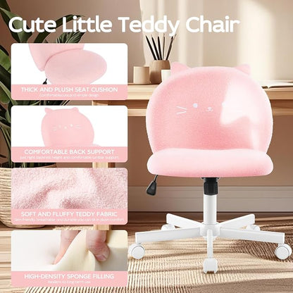 Vanity Chair with Cat Back,Armless Desk Chair Cute Small Office Chair,Teddy Fabric Computer Chair with Adjustable Height,120°Tilting,Rolling,Swivel for Vanity,Kids Room,Office,Bedroom Pink