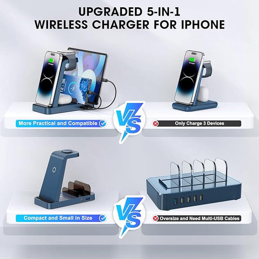 Wireless Charger for iPhone - 5 in 1 Charging Station for Multiple Devices Apple: Fast Wireless Charging Stand Dock for iPhone 17 16e 16 15 14 13 12 Pro Max Apple Watch Airpods(Blue)